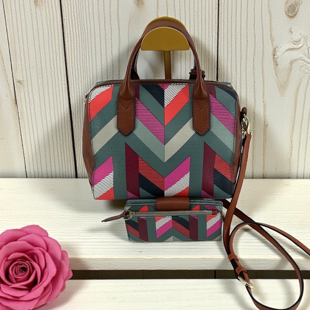 Fossil Geometric Print Satchel Crossbody Bag‎ and Wallet Set Brown Leather Trim - Picture 2 of 14
